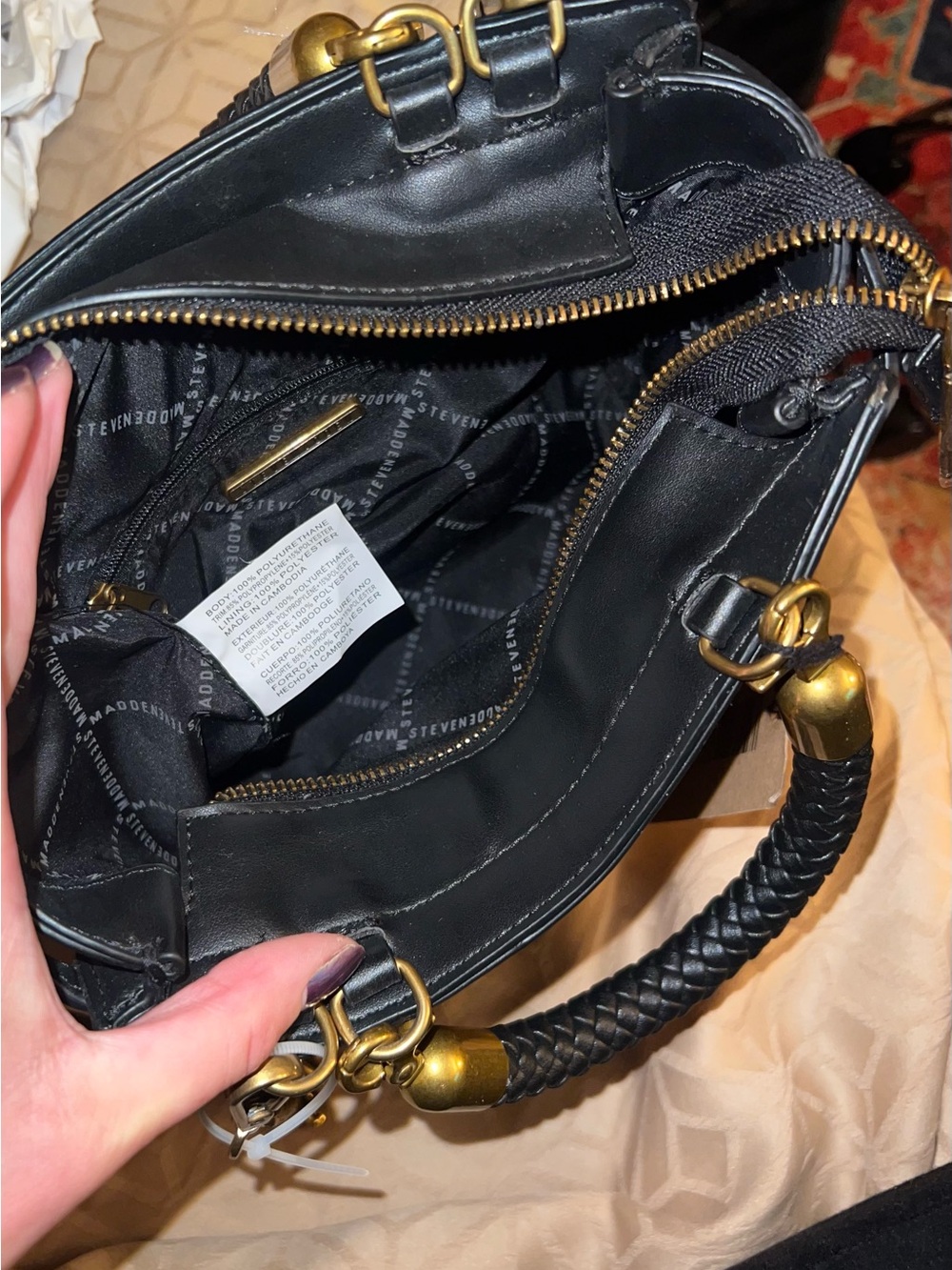 Steve Madden Black Braided Top-Handle Satchel with Gold Accent - Picture 15 of 17